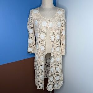 Vintage Cream Crochet Cardigan with White Flower Accents Open Knit Boho Festival